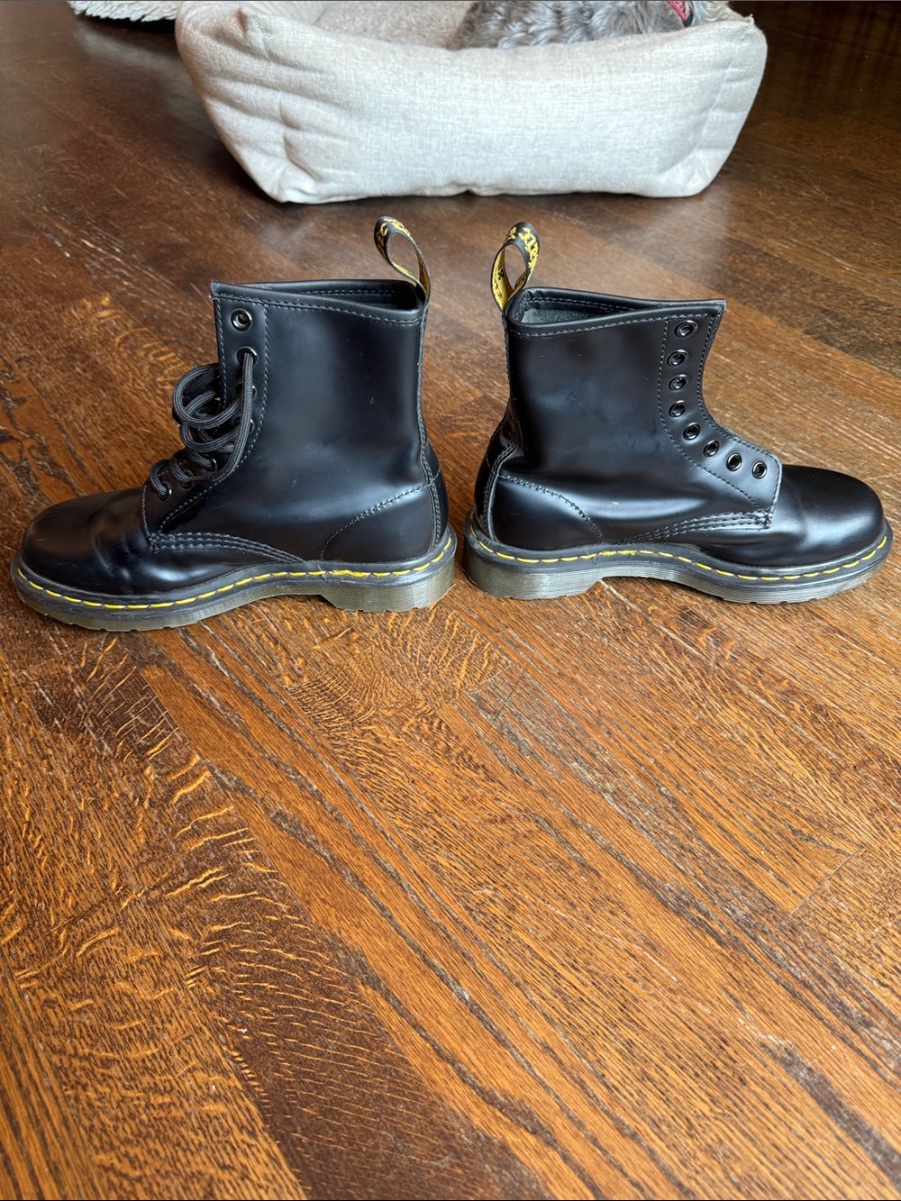 Dr. Martens (never worn) Black Leather 8-Eye Boots with Yellow Stitching - Picture 2 of 8